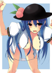 Rule 34 | 1girl, bent over, blue hair, blush, breasts, female focus, hat, hinanawi tenshi, nipples, open clothes, open shirt, panties, panty pull, pussy juice, pussy juice trail, saliva, shirt, solo, sweat, tears, touhou, underwear, wet, wet clothes, wet panties