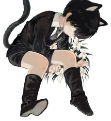 Rule 34 | 1boy, animal ears, black eyes, black hair, boots, cat boy, cat ears, cat tail, cotono (nazekun), flower, highres, looking at viewer, male focus, original, pale skin, short shorts, shorts, simple background, tail, white background