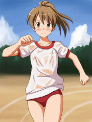 Rule 34 | 1girl, blue sky, breasts, brown eyes, brown hair, buruma, closed eyes, cloud, cloudy sky, commentary request, commission, covered erect nipples, day, frown, gym shirt, gym uniform, lielos, looking at viewer, medium hair, original, outdoors, partial commentary, pixiv commission, poniko (lielos), ponytail, red buruma, running, running track, see-through, shirt, short sleeves, sky, small breasts, solo, sweatdrop, thigh gap, wet, wet clothes, wet shirt, white shirt