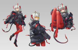Rule 34 | 1girl, ahoge, antennae, arknights, black choker, black footwear, black jacket, black skirt, boots, breasts, chinese commentary, choker, commentary request, cropped legs, from behind, full body, grey background, grey shirt, grin, highres, horns, jacket, knees up, long sleeves, looking at viewer, looking back, medium breasts, miniskirt, multiple views, no shoes, open clothes, open jacket, pantyhose, pleated skirt, red eyes, red pantyhose, rhodes island logo (arknights), shirt, short hair, silver hair, sima naoteng, simple background, skirt, smile, sunglasses, tail, thigh strap, thighband pantyhose, thighs, tinted eyewear, w (arknights), wing collar, yellow-tinted eyewear, yellow-tinted glasses