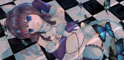 Rule 34 | 1girl, absurdres, animal ears, arm behind head, arm up, armpits, bare shoulders, black hair, blue eyes, blue gloves, blue legwear, blush, bow, breasts, bug, butterfly, checkered floor, cleavage, cosplay, elbow gloves, fate/grand order, fate/requiem, fate (series), fur-trimmed gloves, fur-trimmed legwear, fur collar, fur trim, gloves, highres, insect, isuzu (an icy cat), lace, lace-trimmed legwear, lace trim, looking at viewer, lying, magatama, magatama hair ornament, mash kyrielight, mash kyrielight (dangerous beast), mash kyrielight (dangerous beast) (cosplay), medium breasts, medium hair, multicolored hair, navel, o-ring, official alternate costume, on side, open mouth, pink hair, revealing clothes, smile, streaked hair, tail, utsumi erice, wolf ears, wolf tail