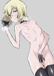 Rule 34 | 1girl, absurdres, bad id, bad pixiv id, black gloves, black neckwear, black thighhighs, blonde hair, blush, breasts, choker, closed mouth, female masturbation, fingering, glasses, gloves, grey background, highres, looking at viewer, lying, masturbation, minami (y-r-h998d), navel, nipples, nude, on back, shiny skin, short hair, simple background, small breasts, smile, solo, strike witches, strike witches: suomus misfits squadron, thighhighs, ursula hartmann, world witches series