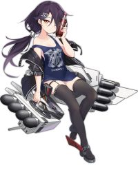 Rule 34 | 1girl, azur lane, bare shoulders, black thighhighs, bottle, breasts, cassin (azur lane), cassin (retrofit) (azur lane), cleavage, clothes writing, full body, hair ornament, long hair, looking at viewer, low ponytail, machinery, mole, mole under eye, off shoulder, official art, one eye closed, ootsuki momiji, orange eyes, purple hair, remodel (azur lane), rudder footwear, sitting, small breasts, solo, strap slip, thigh strap, thighhighs, transparent background, zettai ryouiki