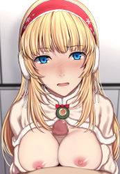 Rule 34 | 1boy, 1girl, blonde hair, blue eyes, blush, breasts, breasts out, brown capelet, brown gloves, capelet, clip studio paint (medium), commentary request, earmuffs, erection, evelysse (star ocean), fur-trimmed capelet, fur-trimmed gloves, fur trim, gloves, hair ribbon, hairband, hetero, long hair, looking at viewer, medium breasts, nagioka, nipples, nose blush, open mouth, paizuri, penis, pov, red hairband, ribbon, snow white evelysse, solo focus, star ocean, star ocean anamnesis, upper body, white ribbon