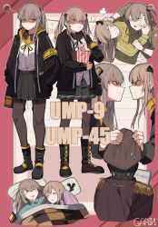 Rule 34 | 1boy, 2girls, puff of air, absurdres, artist name, blouse, blush, boots, breasts, brown eyes, brown hair, character name, clenched teeth, closed eyes, commander (girls&#039; frontline), drooling, fingerless gloves, garin, girls&#039; frontline, glaring, gloves, hair ornament, hairclip, highres, jacket, long hair, looking at viewer, multiple girls, multiple views, open mouth, pantyhose, pout, ribbon, scar, scar across eye, scar on face, shirt, skirt, sleeping, smile, teeth, twintails, ump45 (girls&#039; frontline), ump9 (girls&#039; frontline), white shirt