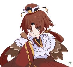 Rule 34 | 1girl, benienma (fate), blush, brown eyes, brown hair, brown hat, brown kimono, closed mouth, commentary request, fate/grand order, fate (series), hat, holding, holding spoon, japanese clothes, kimono, kujou karasuma, long hair, long sleeves, looking at viewer, parted bangs, ribbon-trimmed sleeves, ribbon trim, simple background, sleeves past wrists, smile, solo, spoon, upper body, very long hair, white background, wide sleeves, wooden spoon