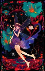 Rule 34 | 1girl, abstract background, absurdres, bad id, bad pixiv id, barefoot, brown eyes, colorful, commentary, dress, fairy, fairy wings, flower, grin, head wreath, highres, nail polish, original, pointy ears, purple hair, sketch, smile, solo, toenail polish, toenails, wings, xia