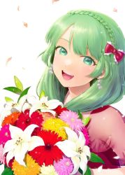 Rule 34 | 1girl, adapted costume, alternate hairstyle, blunt bangs, bouquet, bow, braid, chrysanthemum, colored eyelashes, daisy, earrings, fang, flower, flower earrings, glowing, glowing petals, green eyes, hair bow, happy, highres, holding, holding bouquet, jewelry, kageharu, kagiyama hina, light blush, light green hair, light particles, lily (flower), looking at viewer, medium hair, necklace, open mouth, orange flower, petals, pink flower, red bow, red flower, see-through, see-through sleeves, sidelocks, simple background, smile, solo, swept bangs, teeth, touhou, upper teeth only, white background, white flower, yellow flower