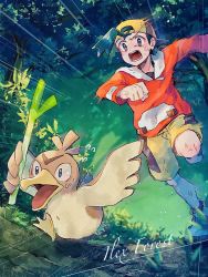 Rule 34 | 1boy, artist name, baseball cap, black hair, bush, chasing, clenched hand, commentary request, creatures (company), ethan (pokemon), farfetch&#039;d, forest, game freak, gen 1 pokemon, grass, grey eyes, hanenbo, hat, long sleeves, motion blur, nature, nintendo, open mouth, outdoors, pokemon, pokemon (creature), pokemon gsc, running, shorts, spring onion, teeth, tongue, tree, yellow shorts