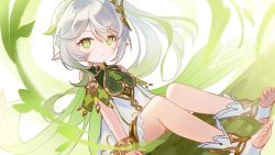 Rule 34 | 1girl, aihara (aiharaorenji), bracelet, cape, child, cross-shaped pupils, detached sleeves, dress, genshin impact, gradient hair, green cape, green eyes, green hair, green sleeves, hair ornament, highres, in tree, jewelry, leaf hair ornament, long hair, multicolored hair, nahida (genshin impact), pointy ears, side ponytail, sitting, sitting in tree, solo, symbol-shaped pupils, toeless footwear, tree, white dress, white footwear, white hair