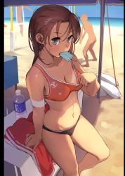 Rule 34 | 1girl, absurdres, armband, bad anatomy, bad hands, bare shoulders, beach, bikini, bikini pull, blue eyes, bottle, breasts, brown hair, cleavage, clothes pull, food, food in mouth, highres, leg up, long hair, looking at viewer, mouth hold, navel, original, outdoors, poorly drawn, popsicle, sketch, solo, sports bikini, standing, sweat, swimsuit, tan, tankini, tanline, tetsuo (amenohutikoma), unfinished, water bottle