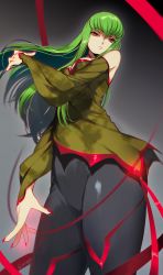 Rule 34 | 1girl, bare shoulders, breasts, brown eyes, c.c., cleavage, closed mouth, code geass, creayus, from below, green hair, long hair, looking at viewer, looking down, nail polish, red nails, solo