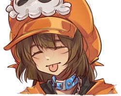 Rule 34 | 1girl, :p, blue choker, brown hair, cabbie hat, choker, closed eyes, guilty gear, guilty gear strive, hat, hat ornament, highres, hood, hoodie, long hair, may (guilty gear), mil17459623, orange hat, orange hoodie, skull and crossbones, skull hat ornament, tongue, tongue out, upper body