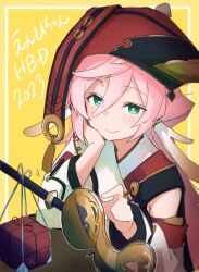 Rule 34 | 1girl, absurdres, antlers, blush, box, closed mouth, detached sleeves, genshin impact, gift, gift art, gift box, green eyes, hair between eyes, hat, highres, horns, long hair, ma rukan, pink hair, red hat, simple background, solo, tassel, upper body, yanfei (genshin impact), yellow background