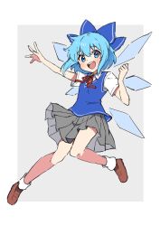 Rule 34 | 1girl, :d, alternate costume, blue bow, blue eyes, blue hair, blue vest, bow, brown footwear, cirno, detached wings, full body, grey skirt, hair bow, highres, ice, ice wings, looking at viewer, miz (mizillustration), open mouth, pleated skirt, shirt, short hair, short sleeves, skirt, smile, socks, solo, teeth, touhou, upper teeth only, vest, white shirt, white socks, wings