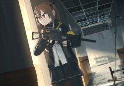 Rule 34 | 1girl, black bow, black gloves, black jacket, black pantyhose, black scarf, black skirt, bow, brown eyes, brown hair, closed mouth, fingerless gloves, girls&#039; frontline, gloves, gun, h&amp;k ump, hair bow, hair ornament, hairclip, hinami047, holding, holding weapon, jacket, long hair, looking away, pantyhose, russia, russian text, scarf, scenery, shirt, skirt, smile, solo, standing, submachine gun, twintails, ump9 (girls&#039; frontline), weapon, white shirt