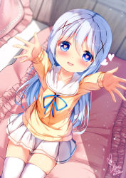 Rule 34 | 1girl, :d, arms up, blue eyes, blue hair, blue ribbon, blurry, blurry background, blush, chinomaron, commentary request, depth of field, frilled pillow, frills, gochuumon wa usagi desu ka?, hair between eyes, hair ornament, heart, heart-shaped pupils, highres, indoors, kafuu chino, long sleeves, looking at viewer, neck ribbon, on bed, open mouth, pillow, pleated skirt, reaching, reaching towards viewer, ribbon, sailor collar, school uniform, serafuku, sitting, skirt, smile, solo, sweater, symbol-shaped pupils, thighhighs, white sailor collar, white skirt, white thighhighs, x hair ornament, yellow sweater