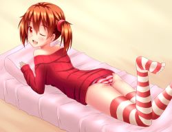 Rule 34 | 10s, 1girl, ;d, ass, brown hair, feet, flat ass, legs up, lying, no pants, no shoes, nottytiffy, on stomach, one eye closed, open mouth, panties, red eyes, ribbed sweater, short hair, silica, smile, solo, striped clothes, striped panties, striped thighhighs, sweater, sword art online, thighhighs, toes, trefoil, twintails, underwear, wink