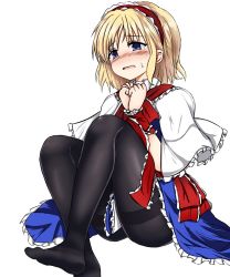 Rule 34 | 1girl, alice margatroid, bdsm, black pantyhose, blonde hair, blue eyes, blue skirt, blush, bondage, bound, bound wrists, capelet, commentary request, hairband, highres, isshin (sasayamakids), knees up, no shoes, pantyhose, parted lips, red hairband, red ribbon, ribbon, ribbon bondage, short hair, simple background, sitting, skirt, solo, sweatdrop, tareme, tears, thighband pantyhose, touhou, white background