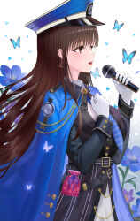 Rule 34 | 1girl, absurdres, black hair, breasts, brown eyes, buttons, cloud, diesel (nikke), earrings, gloves, goddess of victory: nikke, highres, holding, holding microphone, jacket, jacket on shoulders, jewelry, kinchaku, large breasts, long hair, long sleeves, microphone, open mouth, pouch, solo, standing, thighhighs, tina (tinafya), upper body, white gloves