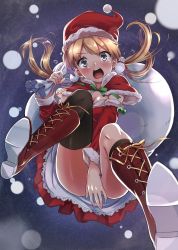 Rule 34 | &gt;:o, 10s, 1girl, :o, arm warmers, asymmetrical legwear, black socks, blonde hair, blush, boots, bow, breasts, brown footwear, capelet, carrying, christmas, cleavage, commentary request, covering crotch, covering privates, cross-laced footwear, dress, embarrassed, from below, full-face blush, green bow, hair ornament, hat, kantai collection, knee boots, kneehighs, lace-up boots, legs apart, looking at viewer, low twintails, medium breasts, over shoulder, prinz eugen (kancolle), red dress, red footwear, red hat, round teeth, sack, santa costume, santa hat, shoe soles, single kneehigh, single sock, single thighhigh, snowman hair ornament, socks, solo, strapless, strapless dress, tareme, teardrop, teeth, thighhighs, twintails, uneven legwear, upskirt, v-shaped eyebrows, zero (miraichizu)