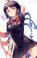 Rule 34 | 1girl, ahoge, arm up, asymmetrical wings, black dress, black hair, black thighhighs, black wristband, blue wings, blush, bow, bowtie, breasts, buttons, center frills, closed mouth, commentary request, dated, dress, frilled dress, frills, from below, furrowed brow, highres, houjuu nue, kisamu (ksmz), large breasts, looking down, polearm, red bow, red bowtie, red eyes, red wings, short hair, short sleeves, sidelocks, signature, simple background, slit pupils, snake, solo, sweatdrop, thighhighs, thighs, touhou, trident, upper body, weapon, white background, wings
