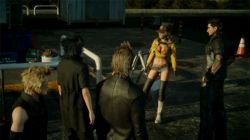 Rule 34 | 10s, 1girl, 4boys, animated, animated gif, boots, breasts, cidney aurum, cleavage, curly hair, final fantasy, final fantasy xv, gas station, gladiolus amicitia, hat, ignis scientia, knee boots, midriff, multiple boys, noctis lucis caelum, prompto argentum, short hair, short shorts, shorts, thighhighs