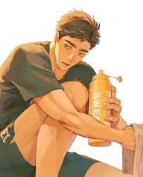 Rule 34 | 1boy, black shirt, black shorts, bottle, brown eyes, brown hair, feet out of frame, haikyuu!!, highres, holding, holding bottle, holding towel, male focus, miya atsumu, open mouth, pmzing, shirt, short hair, short sleeves, shorts, simple background, solo, teeth, towel, water bottle, white background