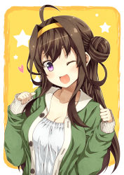 Rule 34 | 10s, 1girl, ;d, ahoge, alternate costume, blush, breasts, brown hair, casual, cleavage, hair intakes, hairband, heart, kantai collection, kongou (kancolle), kouji (campus life), long hair, looking at viewer, md5 mismatch, one eye closed, open mouth, personification, purple eyes, smile, solo, star (symbol), wink, yellow background