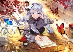 Rule 34 | 1girl, absurdres, acorn, azur lane, bird, blue eyes, blush, book, breasts, bug, butterfly, day, eile (esspril), floating hair, grey hair, hair ornament, hand on own head, highres, holding, holding quill, huge filesize, illustrious (azur lane), insect, large breasts, long hair, looking at viewer, mole, mole under eye, outdoors, quill, shirt, sitting, smile, solo, squirrel, sunlight, table, wind