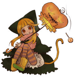Rule 34 | 1girl, :q, bloomers, boots, brown eyes, candy, cat tail, food, halloween, jack-o&#039;-lantern, lollipop, orange hair, orange pantyhose, pantyhose, pumpkin, scarf, sitting, solo, striped clothes, striped pantyhose, swirl lollipop, tail, tongue, tongue out, underwear