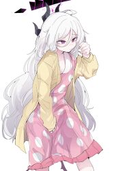 Rule 34 | 1girl, black horns, blue archive, blush, closed mouth, demon horns, dress, flat chest, halo, highres, hina (blue archive), hina (pajamas) (blue archive), horns, jacket, long hair, multiple horns, open mouth, pajamas, parted bangs, pearlgang e, pink dress, pink pajamas, purple eyes, solo, very long hair, white hair, yellow jacket