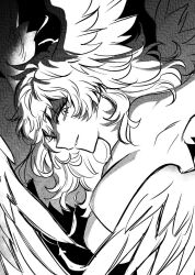 Rule 34 | 1other, akiyama enma, androgynous, angel wings, armpits, breasts, devilman, devilman crybaby, eyelashes, feathered wings, feathers, greyscale, head wings, light smile, long hair, looking at viewer, male focus, male with breasts, medium breasts, monochrome, multiple wings, no nipples, nude, satan (devilman), shaded face, sideburns, solo, wavy hair, wings