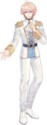 Rule 34 | 1boy, :d, ahoge, belt, black belt, blonde hair, blue eyes, blue shirt, chinese commentary, dress shoes, earrings, epaulettes, full body, jewelry, long sleeves, looking at viewer, male focus, messy hair, nijisanji, official art, open mouth, pants, prince, ricemune, roi (virtuareal), shirt, single earring, smile, solo, standing, tachi-e, teeth, tongue, upper teeth only, virtual youtuber, virtuareal, white footwear, white pants