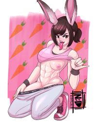 Rule 34 | 1girl, abs, animal ears, breasts, brown hair, carrot, clothes lift, clothes pull, highres, kneeling, looking at viewer, medium breasts, muscular, muscular female, nudiedoodles, orange eyes, original, pants, pants pull, pink background, pink footwear, pinky out, ponytail, pussy, rabbit ears, rabbit girl, shirt lift, shoes, signature, sneakers, solo, tank top, toned, tongue, tongue out