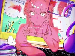 Rule 34 | 1000-nen ikiteru (vocaloid), 1girl, blunt bangs, blurry, book, bow, bowtie, bug, butterfly, cardigan, cat tail, closed mouth, collared shirt, computer, cursor, depth of field, expressionless, fish, glitch, hair ornament, hairclip, hand on own chin, highres, hime cut, insect, iroha (iroha xox ), keyboard (computer), laptop, limited palette, long hair, long sleeves, looking at viewer, monitor, nijisanji, pink theme, pixels, school uniform, seaweed, shirt, solo, song name, staring, tail, through medium, through screen, tsukino mito, tsukino mito (1st costume), upper body, virtual youtuber, vocaloid, white eyes, window (computing)