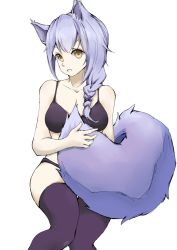 Rule 34 | 1girl, animal ears, arknights, bare arms, bare shoulders, bra, braid, breasts, collarbone, commentary, feet out of frame, highres, large tail, long hair, looking at viewer, medium breasts, panties, parted lips, provence (arknights), purple bra, purple hair, purple panties, purple thighhighs, senmiao, simple background, single braid, sitting, solo, tail, thighhighs, thighs, underwear, white background, wolf ears, wolf tail, yellow eyes
