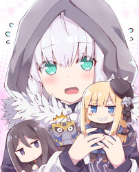Rule 34 | 1boy, 2girls, @ @, add (fate), ahoge, black eyes, black hair, black suit, blonde hair, blue eyes, blue scarf, blush, character doll, cloak, closed mouth, creature, cube, demon tail, doll, fang, fate/grand order, fate (series), flower, formal, fur-trimmed cloak, fur trim, gray (fate), green eyes, grey hair, hair between eyes, hair flower, hair ornament, hat, holding, holding doll, hood, hood up, hooded cloak, long hair, looking at viewer, lord el-melloi ii, lord el-melloi ii case files, mini hat, multiple girls, necktie, neckwear request, open mouth, red necktie, reines el-melloi archisorte, rioshi, rose, scarf, short hair, suit, tail, teeth, waver velvet, white flower, white rose