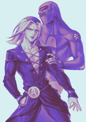 Rule 34 | 2boys, absurdres, bad id, bad pixiv id, hand in pocket, hand on shoulder, hat, highres, jojo no kimyou na bouken, leone abbacchio, lipstick, long hair, makeup, male focus, mogloh1310, monochrome, moody blues (stand), multiple boys, pectoral cleavage, pectorals, plunging neckline, vento aureo