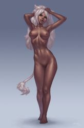 Rule 34 | 1girl, :p, animal ears, anolea, bad link, barefoot, breasts, commission, contrapposto, dark-skinned female, dark skin, female orc, full body, gradient background, grey background, head tilt, high orc (monster girl encyclopedia), highres, large breasts, long hair, medium breasts, monster girl encyclopedia, navel, nipples, nude, orc, pussy, second-party source, signature, solo, standing, tail, toned, tongue, tongue out, uncensored, white hair