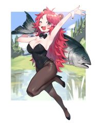 Rule 34 | 1girl, absurdres, animal, animal ears, bear ears, bear girl, bear tail, black bow, black bowtie, black footwear, black leotard, bow, bowtie, breasts, brown eyes, brown pantyhose, cleavage, detached collar, fish, high heels, highres, holding, holding animal, holding fish, leotard, long hair, looking at viewer, mashilemo, messy hair, open mouth, original, pantyhose, playboy bunny, red hair, smile, solo, standing, standing on one leg, strapless, strapless leotard, tail, wrist cuffs