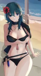Rule 34 | 1girl, absurdres, arm under breasts, beach, bikini, black bikini, black capelet, blue eyes, blue hair, blurry, blurry background, breast rest, breasts, byleth (female) (fire emblem), byleth (female) (summer) (fire emblem), byleth (fire emblem), capelet, cleavage, closed mouth, commentary, cowboy shot, dagger, day, expressionless, fire emblem, fire emblem: three houses, fire emblem heroes, flower, hair between eyes, hair flower, hair ornament, hibiscus, highres, knife, kyousuzu, large breasts, looking to the side, medium breasts, navel, nintendo, ocean, official alternate costume, outdoors, red flower, scabbard, sheath, sheathed, sitting, skindentation, solo, stomach, sunlight, swimsuit, tassel, thighs, weapon