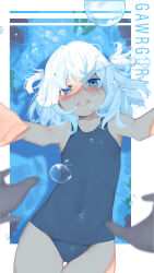 Rule 34 | 1girl, blue eyes, bubble, floating hair, gawr gura, grin, highres, hololive, hololive english, looking at viewer, reaching, reaching towards viewer, rou (rou22), school swimsuit, shaded face, sharp teeth, short twintails, silver hair, smile, swimsuit, teeth, twintails, underwater, virtual youtuber