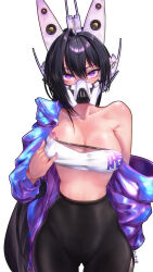 Rule 34 | 1girl, absurdres, bandeau, black hair, black pantyhose, blue jacket, breasts, cleavage, commentary request, cowboy shot, goddess of victory: nikke, hair between eyes, headgear, highres, jacket, large breasts, mask, midriff, mouth mask, off shoulder, open clothes, open jacket, pantyhose, purple eyes, simple background, sin (nikke), single bare shoulder, solo, standing, stomach, strapless, tube top, white background, yamauchi (conan-comy)