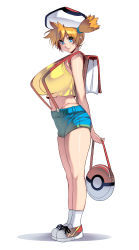 Rule 34 | 1girl, alternate breast size, arms behind back, backpack, bag, bare arms, bare legs, blue eyes, breasts, closed mouth, commentary request, creatures (company), cropped shirt, denim, denim shorts, full body, game freak, gym leader, highres, holding, huge breasts, impossible clothes, kouno (masao), looking at viewer, medium hair, misty (pokemon), nintendo, object on head, orange hair, parted bangs, pokemon, pokemon (anime), pokemon (classic anime), randoseru, shiny skin, shirt, shoes, short shorts, shorts, side ponytail, simple background, sleeveless, sleeveless shirt, smile, socks, solo, standing, stomach, white background