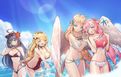 Rule 34 | 4girls, :d, :o, ^ ^, ahoge, angel wings, artemia (king&#039;s raid), aselica (king&#039;s raid), bikini, black bikini, black hair, blonde hair, blue bikini, blue eyes, braid, braided ponytail, breasts, chibi vanille, choker, cleavage, closed eyes, clothing cutout, cloud, earrings, closed eyes, eyewear on head, flower, frills, groin, hair flower, hair ornament, hairband, hand on another&#039;s shoulder, heart, heart cutout, heart earrings, heart hair ornament, hibiscus, highres, jewelry, king&#039;s raid, large breasts, light rays, long hair, mirianne (king&#039;s raid), multiple girls, navel, necklace, ocean, one-piece swimsuit, open mouth, pink hair, red one-piece swimsuit, shea (king&#039;s raid), side braid, sky, smile, splashing, star (symbol), starfish hair ornament, sunbeam, sunglasses, sunlight, swimsuit, tri braids, two side up, very long hair, wading, water, wings