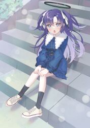 Rule 34 | 1girl, black socks, blue archive, blue dress, blush, dress, full body, halo, highres, kurape (pat1na), long hair, long sleeves, looking at viewer, mechanical halo, open mouth, purple eyes, purple hair, shoes, sitting, sitting on stairs, socks, solo, stairs, two side up, white footwear, yuuka (blue archive)