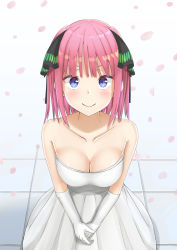 Rule 34 | 1girl, bare shoulders, blue eyes, blush, breasts, cherry blossoms, cleavage, collarbone, dress, elbow gloves, female focus, gloves, go-toubun no hanayome, hair ornament, hair ribbon, highres, looking at viewer, medium hair, nakano nino, petals, pink hair, plu xx, ribbon, solo, standing, wedding dress, white background