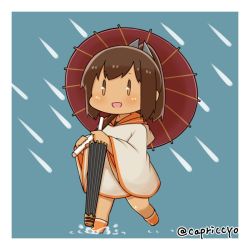 Rule 34 | 10s, 1girl, blush, boots, brown eyes, brown hair, capriccyo, chibi, coat, dark-skinned female, dark skin, holding, i-401 (kancolle), kantai collection, open mouth, ponytail, rubber boots, sidelocks, smile, solo, twitter username, umbrella, water drop, | |