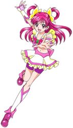 1girl bug butterfly butterfly_hair_ornament cure_dream double_bun dress frilled_dress frills hair_bun hair_ornament happy insect kawamura_toshie long_hair magical_girl midriff navel non-web_source open_mouth pink_hair precure purple_eyes solo stomach yellow_butterfly yes!_precure_5 yumehara_nozomi